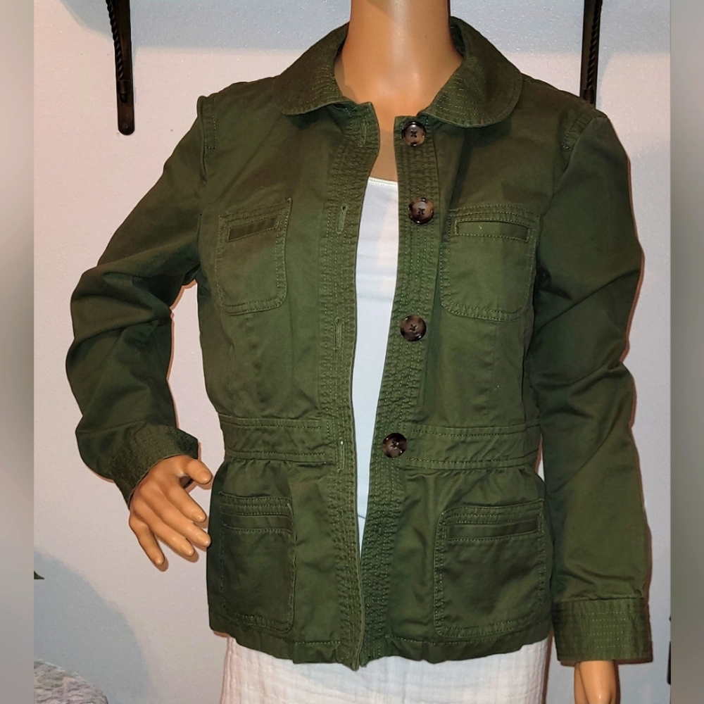 Ann Taylor Olive Green Button Front Pockets Jacket W/Drawstrings Large Petite